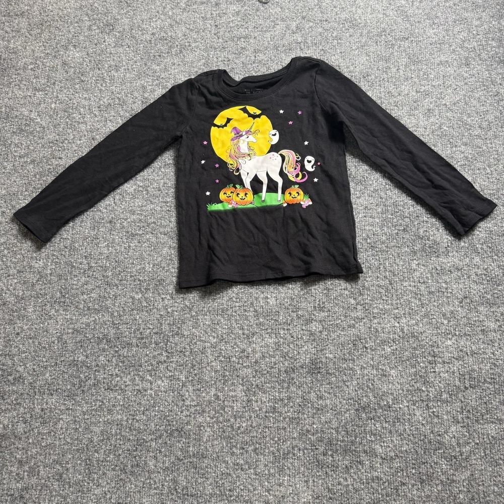 The Childrens Place Kids Halloween Shirt Black Long Sleeve Unicorn Pumpkins 4T